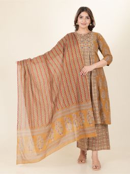ARAMYA - Mustard Soft Cotton Panelled Ajrakh Print Kurta with Pant & Dupatta (Set of 3)
