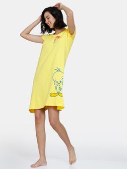 Zivame - Looney tunes Knit Cotton Knee Length Nightdress - Yellow Balloon