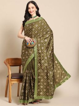 Odette - Olive Silk Printed Saree with Unstitched Blouse