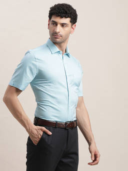 Turtle - Men Cotton Slim Fit Light Blue Solid Half Sleeve Formal Shirt