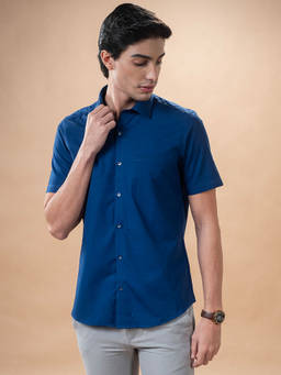 Turtle - Men Cotton Slim Fit Blue Solid Half Sleeve Casual Shirt