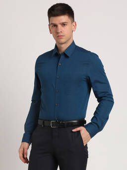 Turtle - Men Cotton Slim Fit Teal Blue Solid Full Sleeve Formal Shirt