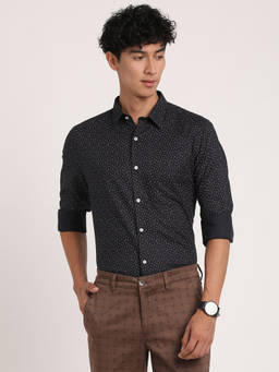 Turtle - Men Cotton Slim Fit Black Printed Full Sleeve Formal Shirt