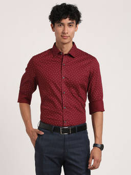 Turtle - Men Cotton Slim Fit Red Printed Full Sleeve Formal Shirt