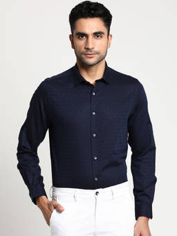 Turtle - Men Cotton Slim Fit Blue Jacquard Floral Full Sleeve Formal Shirt