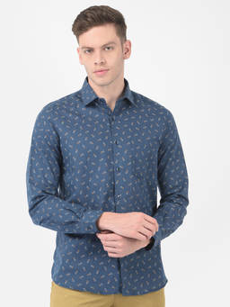 Turtle - Men Cotton Linen Regular Fit Blue Printed Full Sleeve Casual Shirt