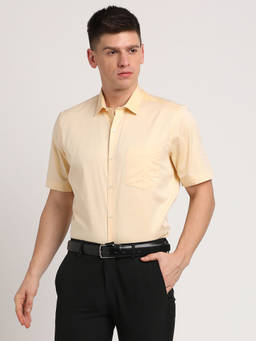 Turtle - Men Giza Cotton Regular Fit Light Yellow Self Design Half Sleeve Formal Shirt