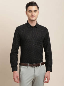 Turtle - Men Cotton Linen Regular Fit Black Printed Full Sleeve Formal Shirt