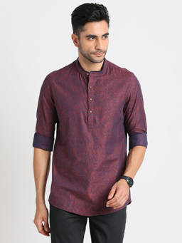 Turtle - Men Cotton Slim Fit Purple Jacquard Floral Full Sleeve Semi Formal Kurta