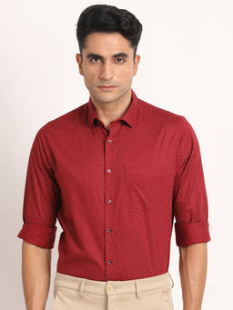 Turtle - Men Cotton Slim Fit Red Printed Full Sleeve Formal Shirt