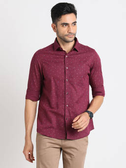 Turtle - Men Cotton Linen Regular Fit Maroon Printed Full Sleeve Casual Shirt