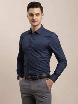 Turtle - Men Cotton Regular Fit Blue Printed Full Sleeve Formal Shirt
