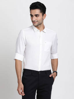 Turtle - Men Cotton Lyocell Slim Fit White Solid Full Sleeve Casual Shirt