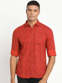 Turtle - Men Cotton Lyocell Slim Fit Orange Printed Full Sleeve Casual Shirt