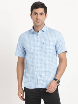 Turtle - Men Cotton Slim Fit Light Blue Checkered Half Sleeve Casual Shirt