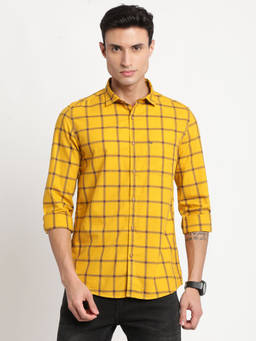 Turtle - Men Cotton Slim Fit Yellow Checkered Full Sleeve Casual Shirt