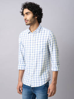 Turtle - Men Cotton Slim Fit Light Blue Checkered Full Sleeve Casual Shirt
