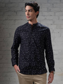 Turtle - Men Cotton Slim Fit Navy Printed Full Sleeve Casual Shirt