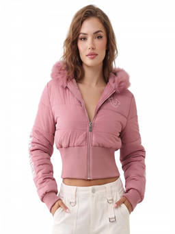 True Religion - Pink Furr Hood Logo Jacket (XL)