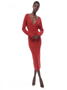 Parosh - Red Solid V Neck Midi Dress