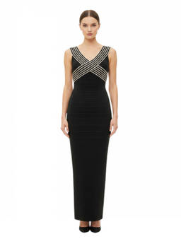 Elisabetta Franchi - Black Solid V Neck Midi Dress