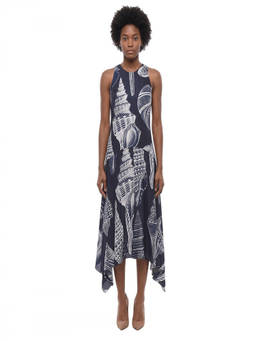 Stella McCartney - Blue Abstract Round Neck Midi Dress (XXS)