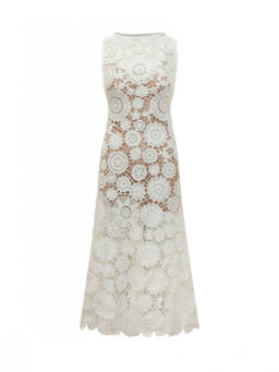 self-portrait - White Crochet Round Neck Maxi Dress (M)