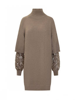 Brunello Cucinelli - Beige Embellished Mock Collar Mini Dress (L)