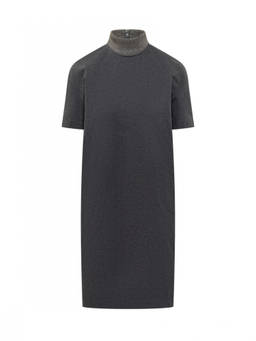 Brunello Cucinelli - Grey Embellished Mock Collar Midi Dress