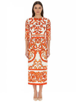 Dolce&Gabbana - Orange Printed Round Neck Midi Dress