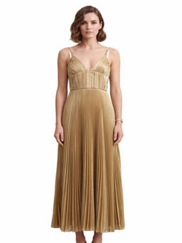 PRADA - Golden Pleated V Neck Midi Dress (S)