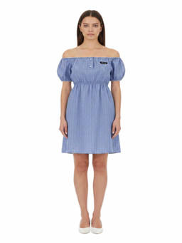 Miu Miu - Blue Checks Off Shoulder Mini Dress