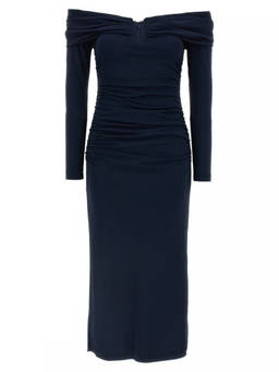 Carolina Herrera - Blue Off-Shoulder 3/4 SLV Ruched Midi dress