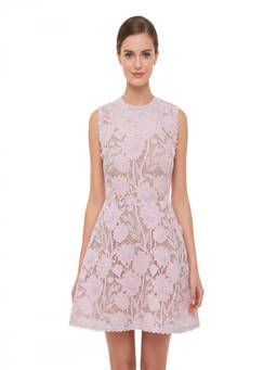 self-portrait - Pink Floral Round Neck Mini Dress