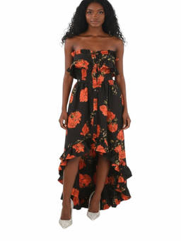 Philipp Plein - Black Floral Strapless Maxi Dress