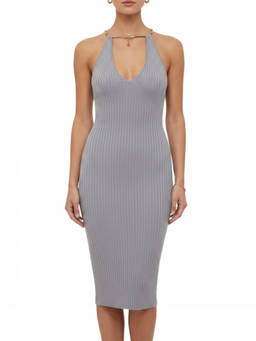 Elisabetta Franchi - Grey Textured V Neck Midi Dress