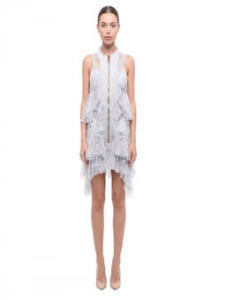 BALMAIN - Light Blue Lace Mandarin Collar Dress