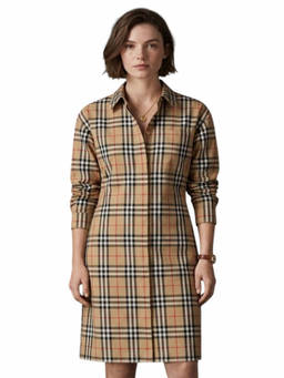Burberry - Beige Checks Shirt Collar Midi Dress