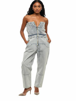 BALMAIN - Blue Strapless Full Length Jumpsuit