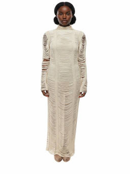 BALMAIN - Beige Textured Mock Collar Maxi Dress