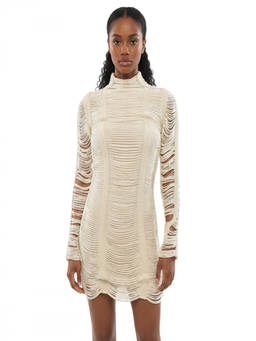 BALMAIN - Beige Textured Mock Collar Mini Dress