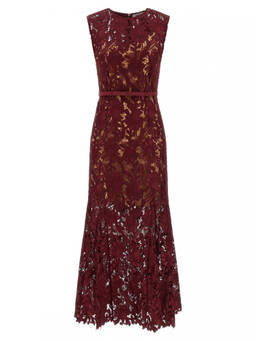 self-portrait - Maroon Guipure Lace Midi Dress