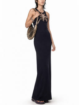 RABANNE - Black Embellished Round Neck Maxi Dress (M)