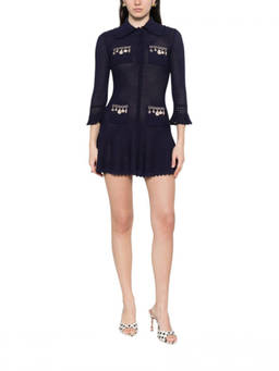 self-portrait - Blue Embellished Shirt Collar Mini Dress (S)