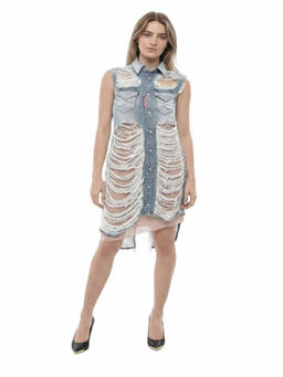 Dsquared2 - Blue Distressed Shirt Collar Midi Dress