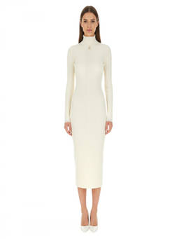 Elisabetta Franchi - White Textured Mock Collar Midi Dress