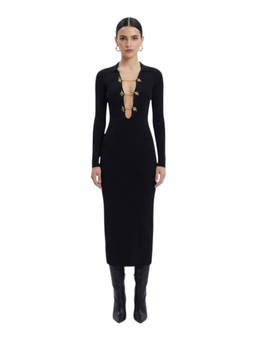 Elisabetta Franchi - Black Textured V Neck Midi Dress