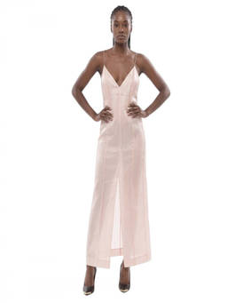 KHAITE - Light Pink Solid V Neck Maxi Dress (S)