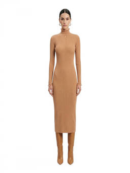 Elisabetta Franchi - Beige Textured Mock Collar Midi Dress