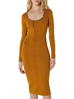 Elisabetta Franchi - Brown Textured Scoop Neck Midi Dress